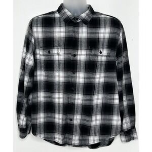 Woolrich Mens XL Gray Black Plaid L/S Cotton Flannel Button Up Cabin Camp